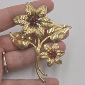 Vintage Sterling Flower Red Glass Rhinestones 1930s Vermeil Gold Brooch Pin